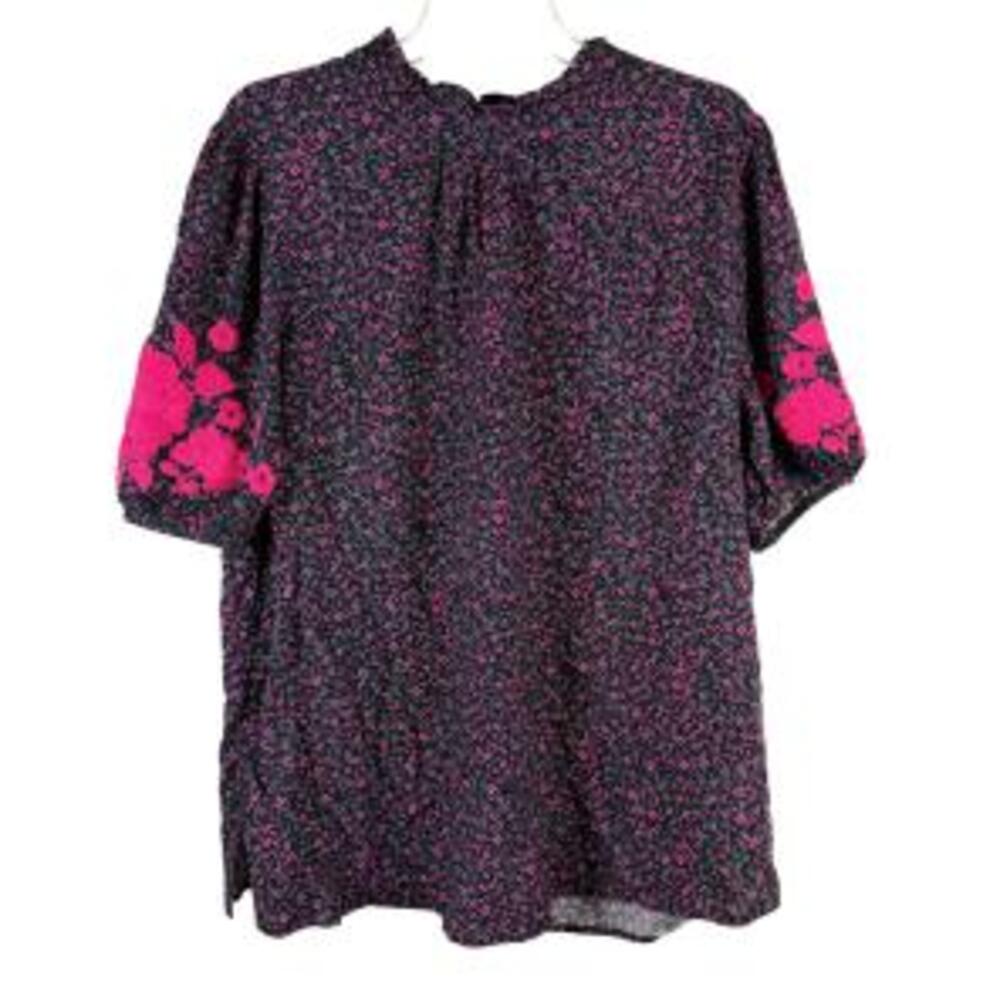 Savanna Jane Tunic Top Womens 1X Pink Floral Embroidered Boho Peasant Artsy